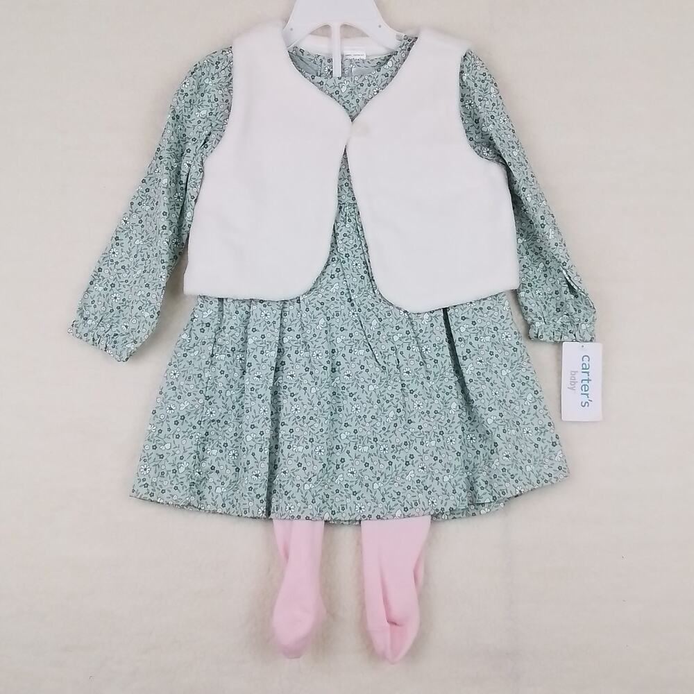 Carters Baby Set 24mo Green Pink Dress Leggings Layette Cotton Floral Print‎